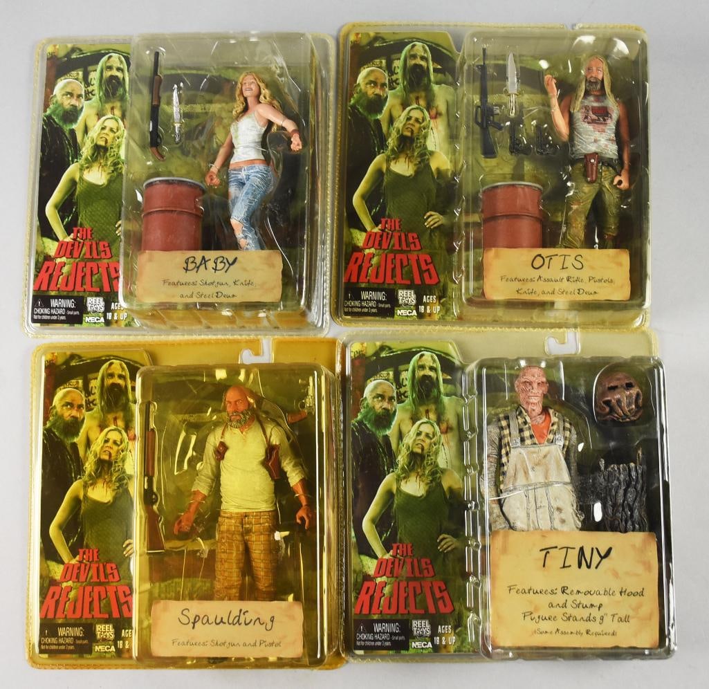 (4) 2005 Neca Rob Zombie Devil's Rejects Action Figs-MOC-NOS: Lot is four 2005 Neca Rob Zombie Devil's Rejects Action Figs-MOC-NOS. Includes Baby, Otis, Spaulding and Tiny. Single owner collection from the largest toy collector on the West Coast.