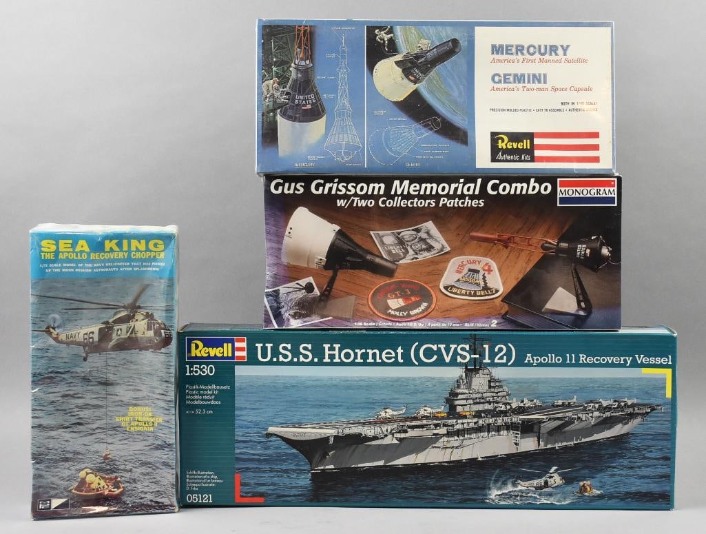 (4) 1970, 96, 99, 2013 Revell/Monogram/MPC Space Models-MIP: Lot is four 1970, 96, 99, 2013 Revell/Monogram/MPC Space Models-MIP. Includes an MPC Sea King Apollo Recovery Chopper-undated but originally manufactured in 1970, USS Hornet Apollo 11 Recovery Vessel,