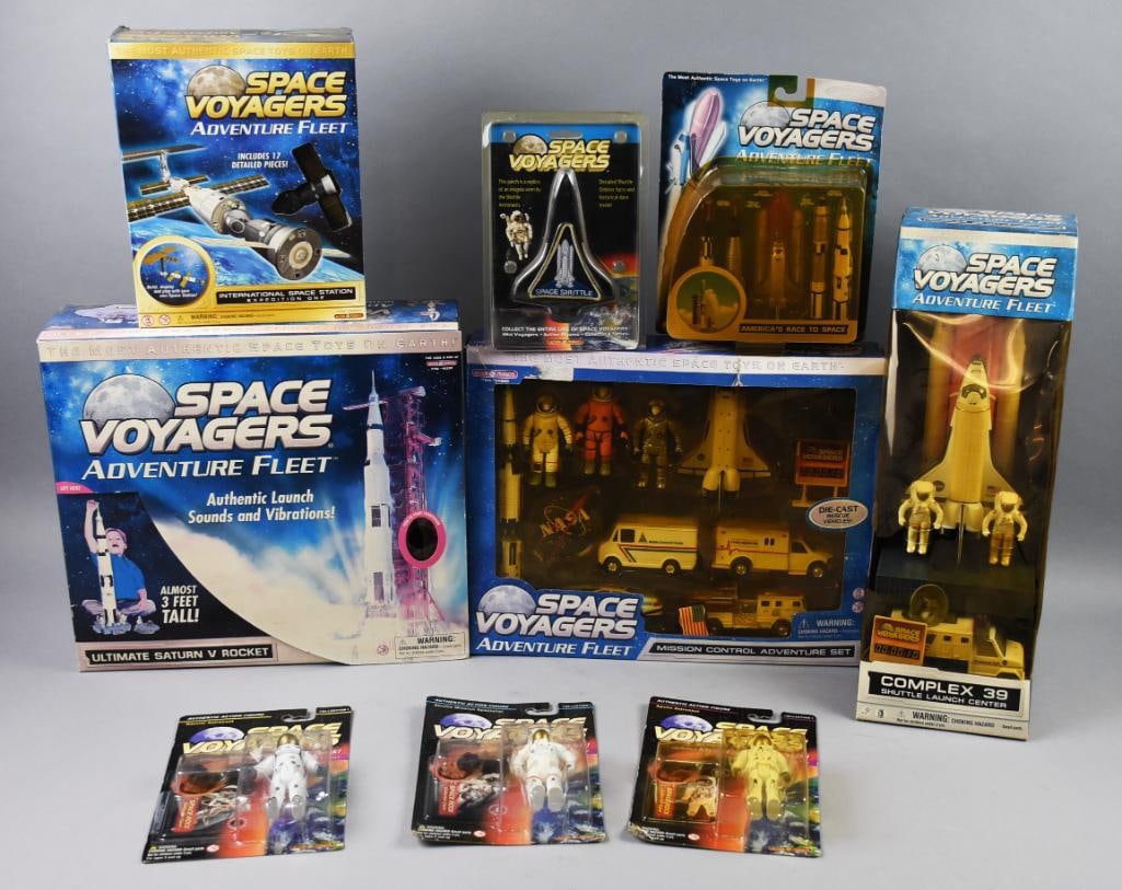(9) 1998, 2001, 04-05 Action Products Space Voyagers-MIP-NOS: 1998, 2001, 04-05 Action Products Space Voyagers-MIP-NOS. Includes three astronaut action figures, Space Shuttle, America's Race to Space, Complex-39, Mission Control Adventure Set, International Spac
