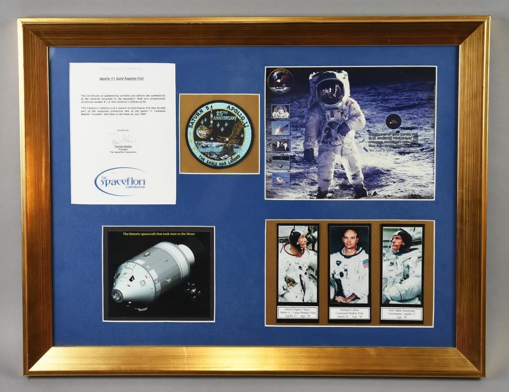 Spaceflori Apollo 11 Gold Kapton Foil Commemorative-COA: This awesome piece was created to display the authentic gold Kapton foil that was part of the protective skin of Apollo 11. This framed piece shows the piece of foil on top of the NASA astronauts stan