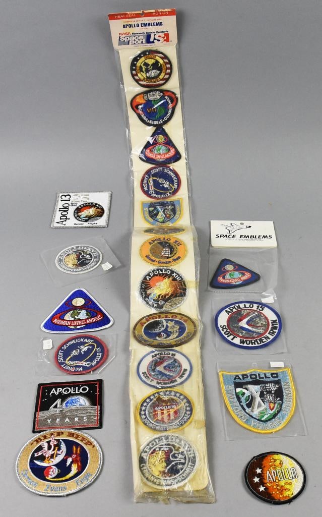 Vintage Assortment NASA Patches & Emblems: Excellent Vintage Assortment NASA Patches & Emblems. Includes a strip of Apollo emblems, strip of Space emblems and patches from various missions. Single owner collection inspired by the 1969 Moon Lan