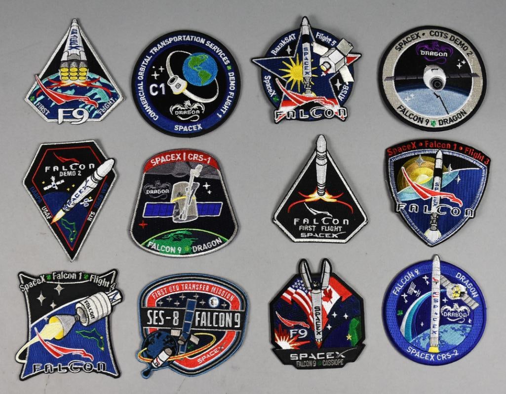 (12) Assorted SpaceX Falcon Mission Uniform Patches: Lot is 12 Assorted SpaceX Falcon Mission Uniform Patches. Single owner collection inspired by the 1969 Moon Landing.