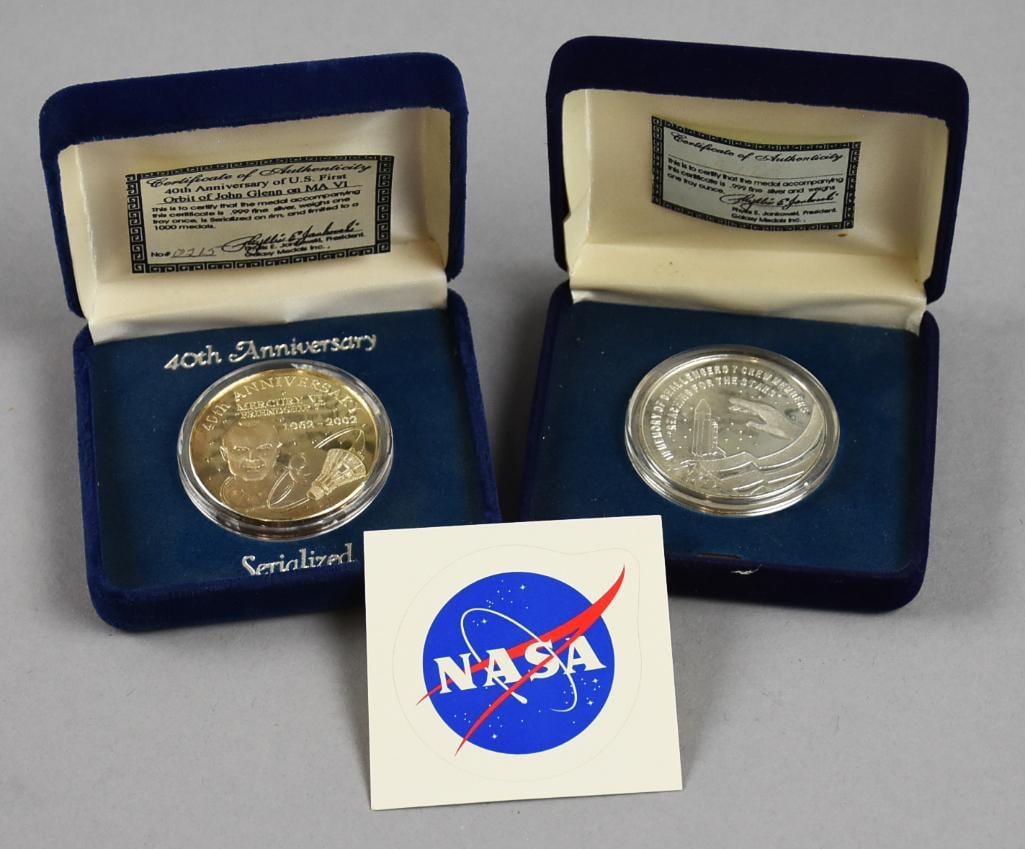 NASA 2 1 troy oz Tokens-John Glenn & Challenger - COAs: NASA 999 Silver Tokens-John Glenn & Challenger - COAs. 40th Anniversary of US First Orbit of John Glenn on MA VI and memorail token for the seven crew members of space shuttle Challenger. Come in the 