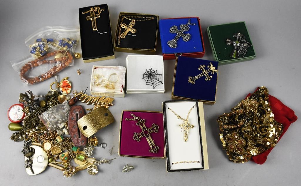 Misc Vintage Virtually Unsorted Costume Jewelry & Watches: This is a fun lot of virtually unsorted costume jewelry with a couple watches tossed in, including a Mickey Mouse pocket watch style. Also includes several crosses in the original presentation boxes (