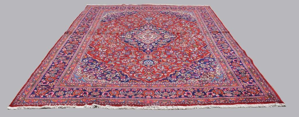 Vintage Iran Wool Pile Floral Area Rug - 7'10" x 12'8": Gorgeous vintage rug made in Iran. It is woven wool in red and blue with a wonderful flower motif. Original label in tact and measures 7'10" x 12'8"