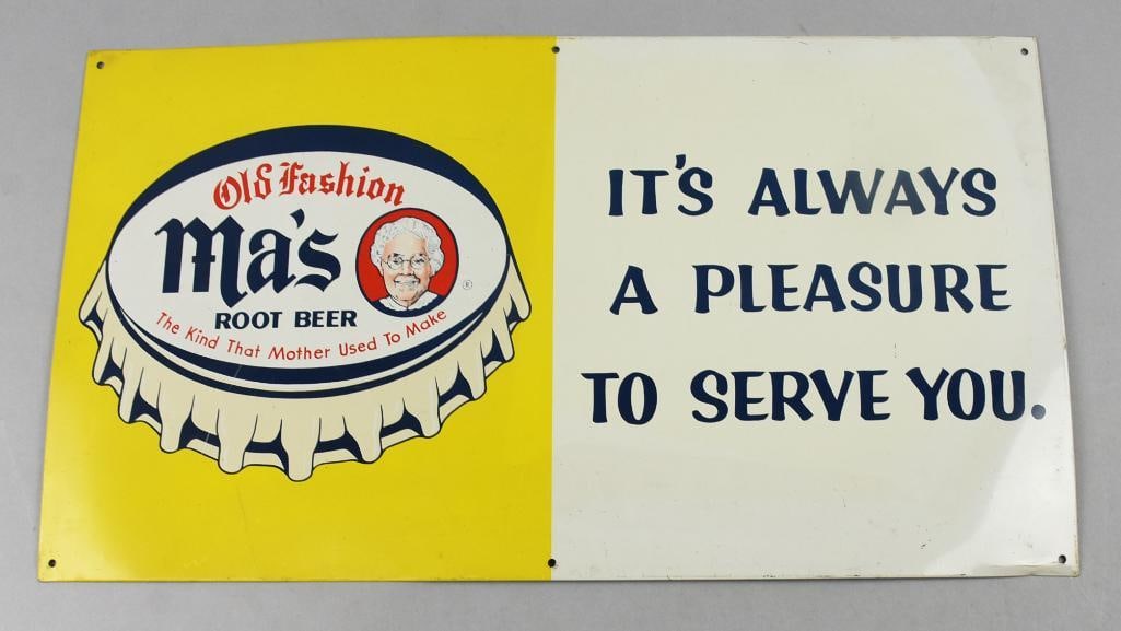 Vintage Ma's Old Fashioned Root Beer Sign: Very cool vintage tin sign for Ma's Old Fashioned Root Beer. Sign is yellow and white with a bottle cap on left half and It's Always a Pleasure to Serve You on the white side. Sign is from Permanent S