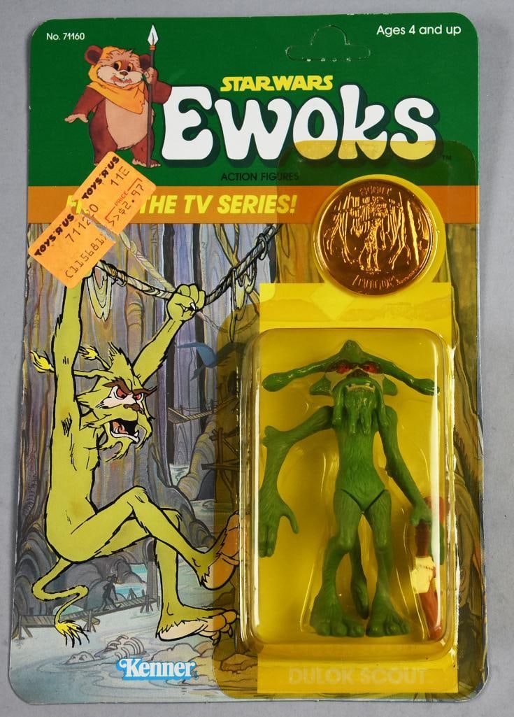1985 Kenner Dulok Scout w/ Token-Ewoks-Unpunched-NOS: 1985 Kenner Dulok Scout w/ Token-Ewoks-Unpunched-NOS. Single owner collection from the largest toy collector on the West Coast. Rare look for more more upcoming characters from the Ewok movie.