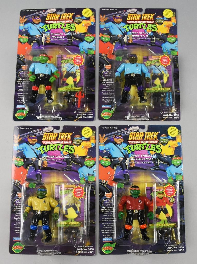 (4) 1994 Playmates TMNT Star Trek Turtles-MOC-NOS: Lot is four 1994 Playmates Teenage Mutant Ninja Turtles Star Trek Turtles-MOC-NOS. Includes Chief Medical Officer Raphael, First Officer Donatello, Captain Leonardo and Chief Engineer Michaelangelo. S