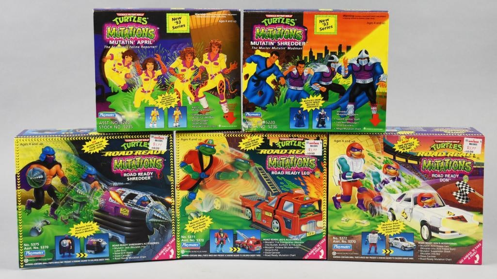 (5) Playmates TMNT Mutations Sets-MIB-NOS: Lot is five Playmates Teenage Mutant Ninja Turtles Mutations Sets-MIB-NOS. Includes Mutatin' April, Mutatin' Shredder, Road Ready Shredder, Road Ready Leo and Road Ready Don. Single owner collection f