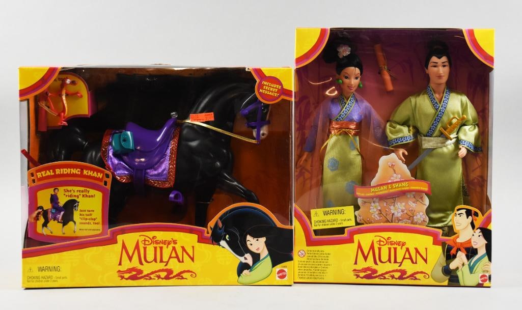 Mattel Disney Mulan Dolls Sets Mint in Box - NOS: Mattel Disney Mulan Dolls Sets Mint in Box - New Old Stock. One box with Mulan and Shang, one is Real Riding Khan.