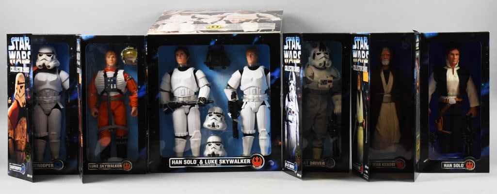 (6) 1996-97 Kenner Star Wars Collector Series-MIB-NOS: Lot is six 1996-97 Kenner Star Wars Collector Series-MIB-NOS. Includes Obi Wan Kenobi, AT-AT Driver, Han Solo, Luke Skywalker, Sandtrooper and a double Han and Luke. Single owner collection from the l