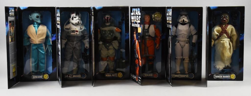 (6) 1996-97 Kenner Star Wars Collector Series - MIB-NOS: Lot is six 1996-97 Kenner Star Wars Collector Series - MIB-NOS. Includes Luke, Boba Fett, AT-AT Driver, Stormtrooper, Greedo, Tuken Raider. Single owner collection from the largest toy collector on th