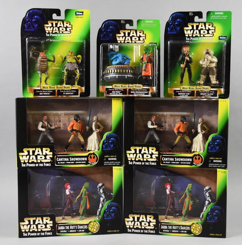 (7) 1997-98 Kenner Star Wars Figs & Play Sets-MIB-NOS: Lot is seven 1997-98 Kenner Star Wars Figs & Play Sets-MIB-NOS. Includes three different Max Rebo Band Pairs, two Jabba's Palace and two Cantina Showdown. Single owner collection from the largest toy 