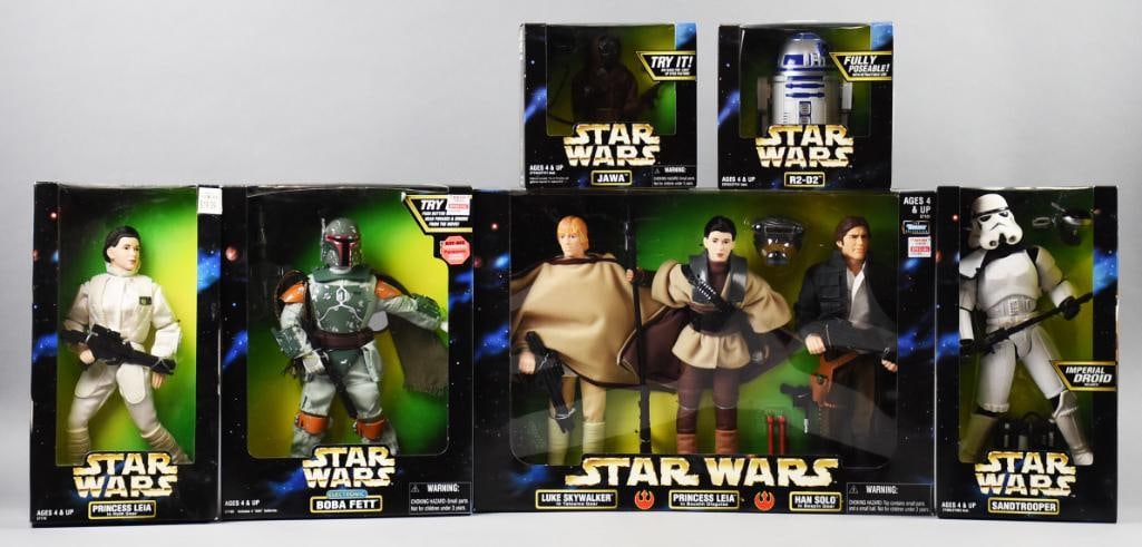 (6) 1997-98 Kenner Star Wars Action Figures-MIB-NOS: Lot is six 1997-98 Kenner Star Wars Action Figures-MIB-NOS. Includes Boba Fett, Princess Leia, Sand Trooper, Jawa, R2-D2 and a three pack with Luke, Leia and Han. Single owner collection from the larg