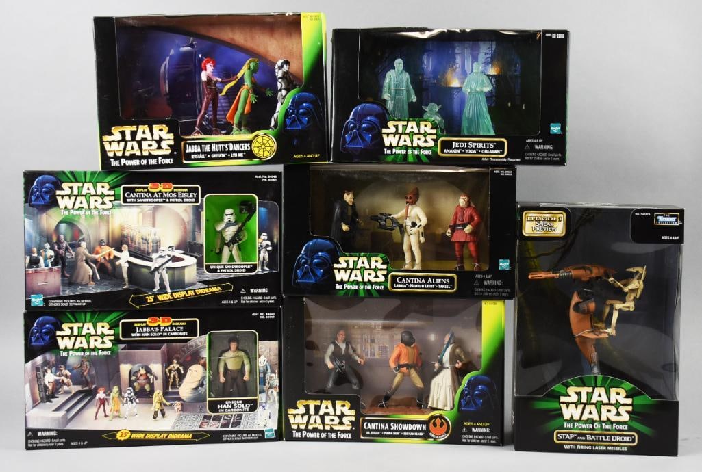 (7) 1997-98 Hasbro/Kenner Star Wars Figs & Play Sets-MIB-NOS: Lot is seven 1997-98 Hasbro/Kenner Star Wars Figs & Play Sets-MIB-NOS. Includes Jedi Sprits,Jabba the Hut Dancers, Cantina Aliens, Cantina Showdown, Cantina at Mos Eisley, Jabba's Palace and Stap/Batt
