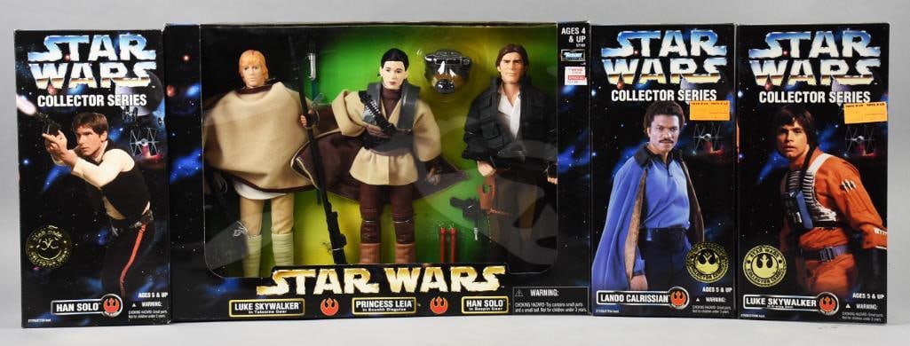 (4) 1996, 98 Kenner Star Wars Collector Series-MIB-NOS: Lot is four 1996, 98 Kenner Star Wars Collector Series-MIB-NOS. Includes Han Solo, Luke Skywalker, Lando Calrissian and a triple pack with Luke, Han and Princess Leia. Single owner collection from the