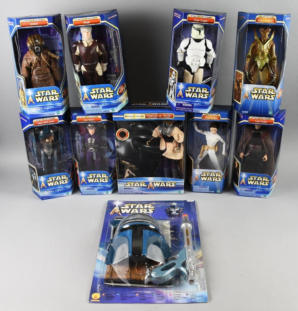 (10) 2002 Hasbro Star Wars 12" Figures-MIB-NOS: Lot is 10 2002 Hasbro Star Wars 12" Figures-MIB-NOS. Includes Padme Amidala, Zuckus, Dengar, Clone Trooper, Zam Wesell, Super Battle Droid, Geonosian Warrior, Count Dooku, Princess Leia/Han Solo, Jang