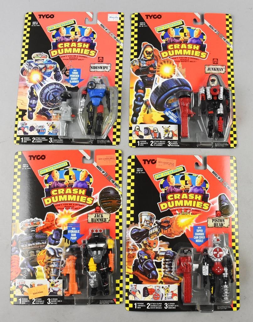 (4) 1992 Tyco Crash Dummies Action Figures-MOC - NOS: Lot is four 1992 Tyco Crash Dummies Action Figures-MOC - NOS. Includes Sideswipe, Junkman, Jack Hammer, Piston Head. Single owner collection from the largest toy collector on the West Coast.