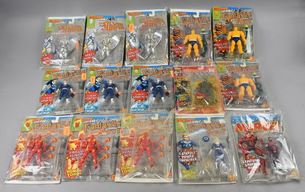 (15) Marvel Action Figures 1992, 1994 Toy Biz-MOC-NOS: Lot is 15 1992, 1994 Toy Biz Marvel Action Figures-MOC-NOS. Includes Daredevil, Invisible Woman, Wolverine; three of each Silver Surfer, Human Torch, Mr Fantastic, The Thing. Single owner collection f