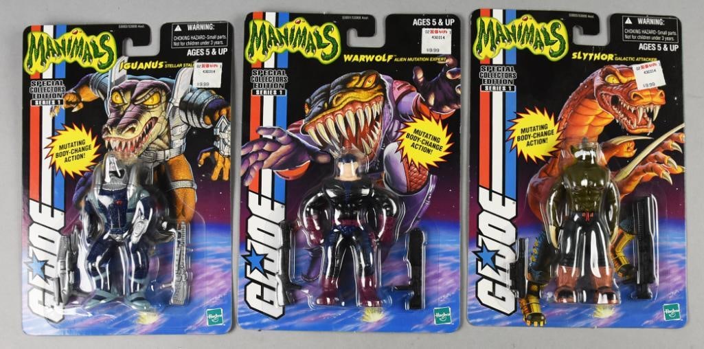 (3) 2000 Hasbro GI Joe Manimals-Complete Set-MOC-NOS: Lot is three 2000 Hasbro GI Joe Manimals-Complete Set-MOC-NOS. Special Collector's Edition includes Iguanus, Warwolf and Slythor. Single owner collection from the largest toy collector on the West Coa