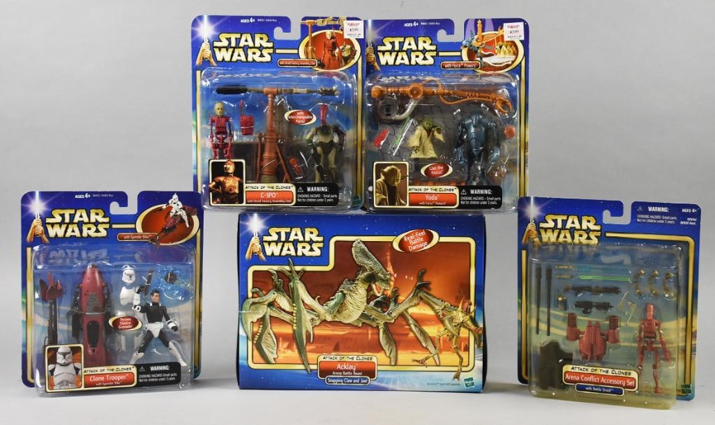 (5) 2002 Hasbro Star Wars Figure Sets - MIP - NOS: Lot is five 2002 Hasbro Star Wars Figure Sets - MIP - NOS. Includes, Yoda, C-3PO, Clone Trooper, Acklay and Arena Conflict Accessory. Single owner collection from the largest toy collector on the West