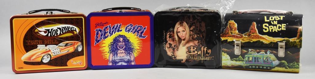(4) 1998, 2000 Character Lunch Boxes-Various Mfg.-NOS: Lot is four 1998, 2000 Character Lunch Boxes-Various Mfg.-NOS. Includes Buffy the Vampire Slayer, Lost in Space, Devil Girl and Hot Wheels. Single owner collection from the largest toy collector on th