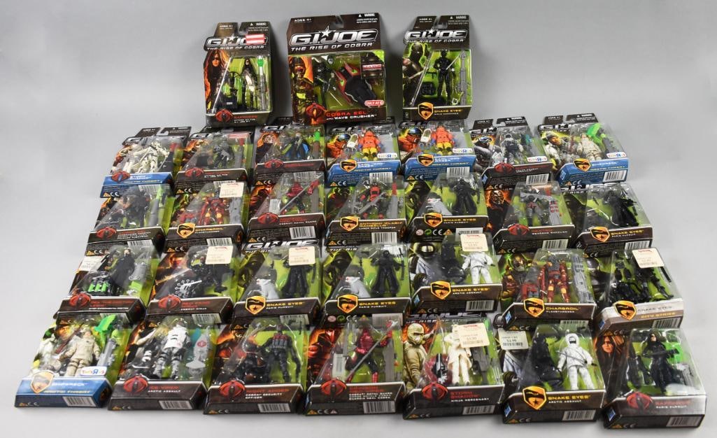 (31) 2008-09 Hasbro GI Joe Rise of Cobra Action Figs-MIB-NOS: Lot is 31 2008-09 Hasbro GI Joe Rise of Cobra Action Figs-MIB-NOS. Including but not limited to Shipwreck, Snow Serpent, Carl "Doc" Greer, Cobra Eel and more. Single owner collection from the largest