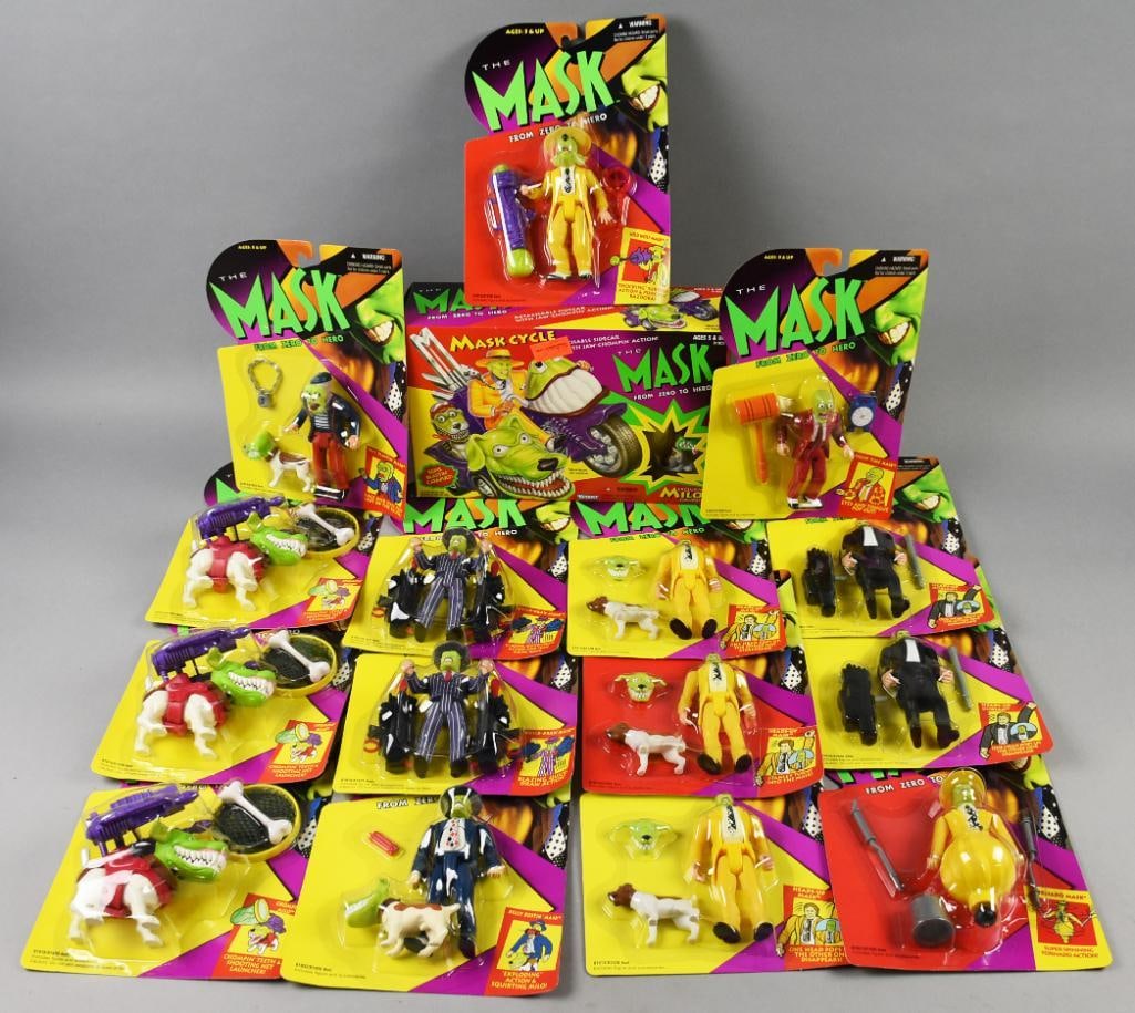 (16)The Mask Action Figs 1994-95 Kenner/Toy Island -MIP-NOS: Lot is 16 1994-95 Kenner/Toy Island The Mask Action Figs-MIP-NOS. Includes Mask Cycle, Wild Wolf Mask, Hero Killin' Time, Hero Stanley, Tornado Mask, Exploding Action-Squirting Milo, two Quick Draw an