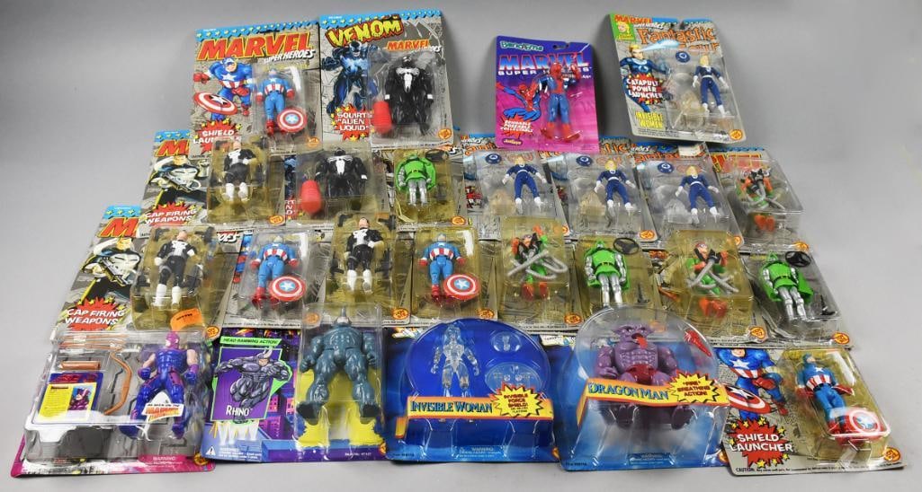 (24) 1991, 1993-95 Toy Biz Marvel Character Action Figs-NOS: Lot is 24 1991, 1993-95 Toy Biz Marvel Character Action Figs-NOS. Including but not limited to Invisible Woman, Venom, Dragon Man, Rhino and more. Lot contains duplicates. Single owner collection from