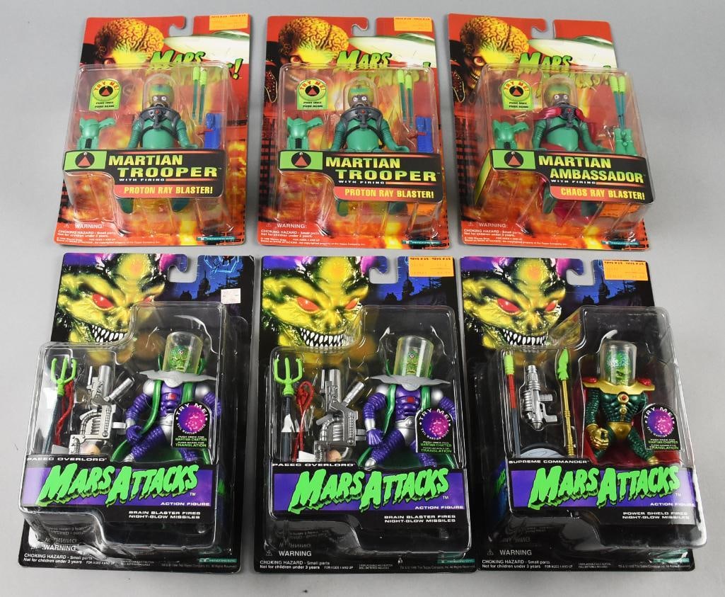 (6) 1996 Trendmasters Mars Attacks Action Figures-MOC-NOS: Lot is six 1996 Trendmasters Mars Attacks Action Figures-MOC-NOS. Includes Martian Ambassador and Supreme Commander, two each Martian Trooper and Paeec Overlord. Single owner collection from the large