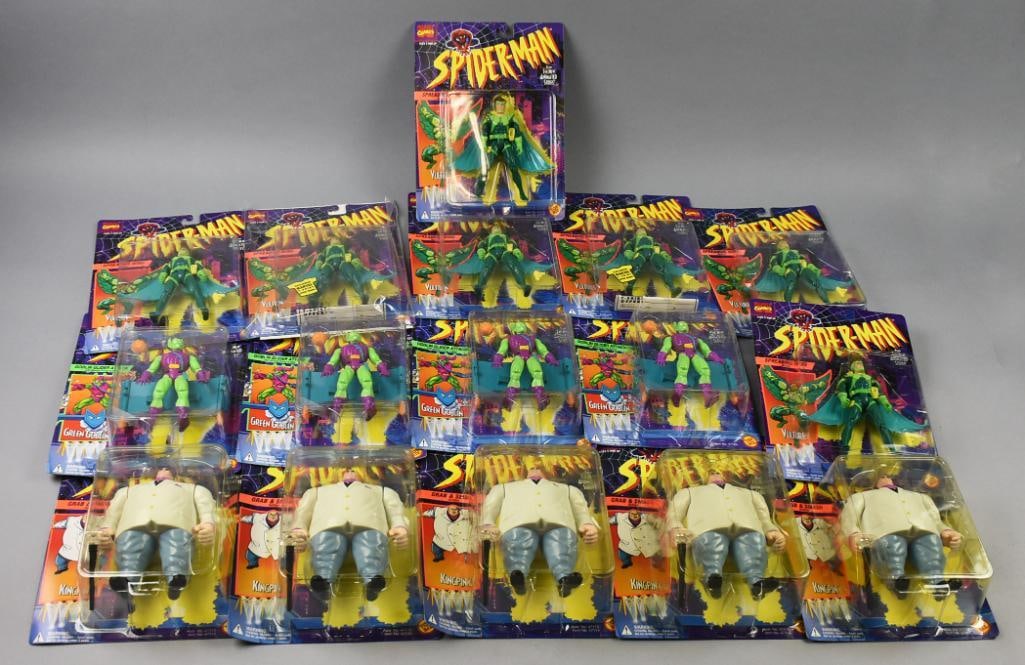 (16) 1994 Toy Biz Spiderman Action Figures-MOC-NOS: Lot is 16 1994 Toy Biz Spiderman Action Figures-MOC-NOS. Includes four Green Goblin-Glider Attack, five King Pin Grab & Smash and seven Vulture Spreading Wings. Single owner collection from the larges