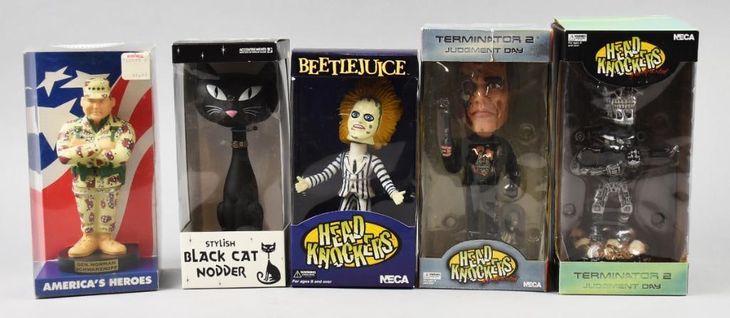 (5) 1990s-2000s Neca Plus Head Knockers, Bobbles-MIB-NOS: 1990s-2000s Neca Plus Head Knockers, Bobbles-MIB-NOS. Includes Beetlejuice, two Terminator variants, Stylish Kitty and General Schwarzkopf. Single owner collection from the largest toy collector on th