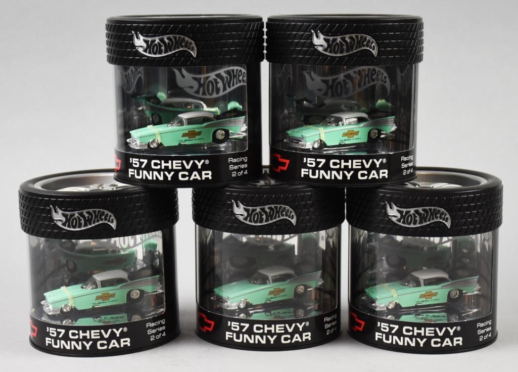 (5) Hot Wheels Oil Can '57 Chevy Funny Car-Ltd Ed-MIP-NOS: Lot is five Mattel Hot Wheels Oil Can '57 Chevy Funny Car-Ltd Ed-MIP-NOS. Single owner collection from the largest toy collector on the West Coast.
