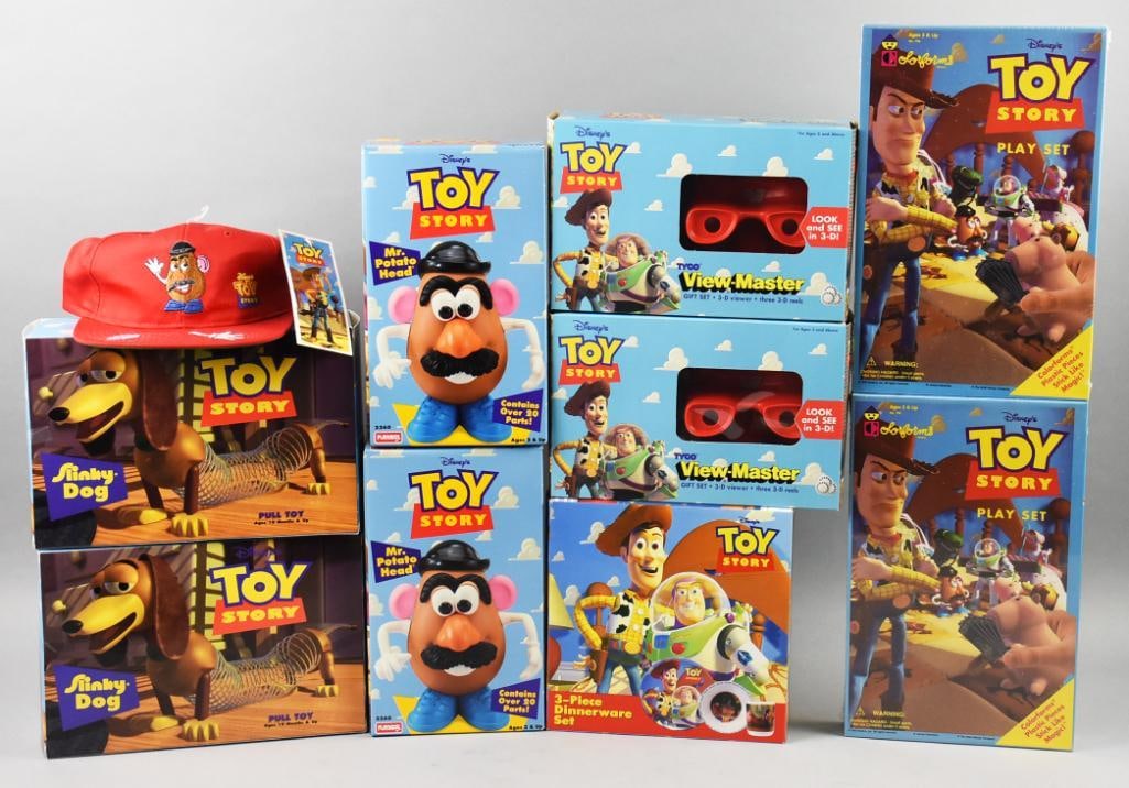 (10) 1995 Playskool, Colorforms PLUS Toy Story Asst-NOS: Lot is 10 1995 Playskool, Colorforms PLUS Toy Story Asst-NOS. Includes a ball cap, three piece dinner set and two of each: View Master, Slinky Dog, Mr Potato Head and Play Sets. Single owner collectio