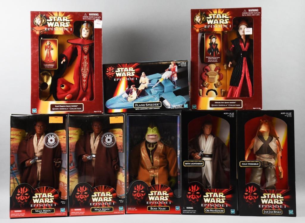 (8) 1998-2000 Hasbro Star Wars Episode 1 Action Figs-NOS: Lot is eight 1998-2000 Hasbro Star Wars Episode 1 Action Figs-NOS. Includes Jar Jar Binks, Boss Nass, Obi Wan Kenobi, two each: Mace Windu and Queen Amidala (variant). Includes a Flash Speeder. Single