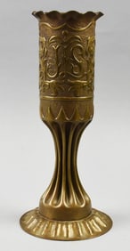 Antique WWI Trench Art Brass Shell Vase, Monogrammed