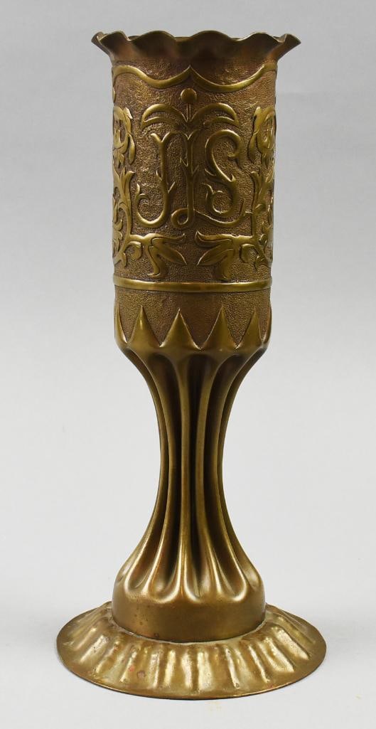 Antique WWI Trench Art Brass Shell Vase, Monogrammed (1 of 8)