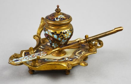 Antique French Bronze Champleve Inkwell & Pen