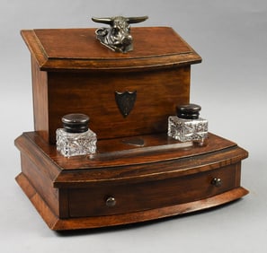 c1880 English Oak Stationary Box with Inkwells