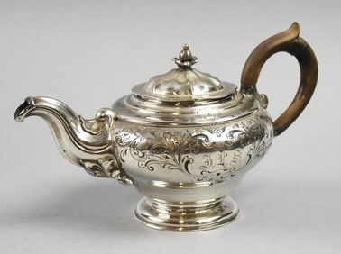 19th C Gorham Attrib. Sterling Engraved Teapot, Wood Handle