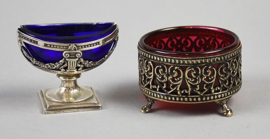 Antique Sterling Filigree Open Salts, Ruby-Cobalt Liner: Beautiful pieces in these sterling open salts. Filigree of scrolls in heart form with ruby glass liner. Well marked on bottom and measures approx. The other is a 935 sterling piece, possibly German wi