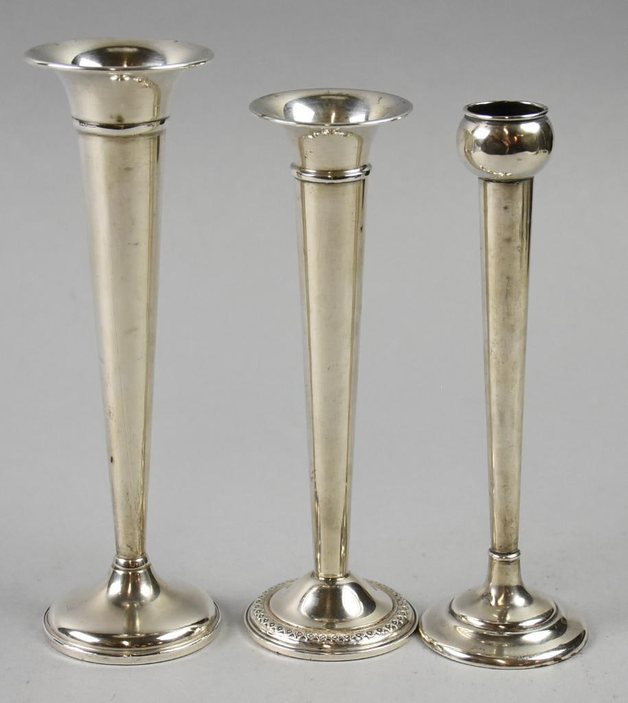 (3) Vintage Sterling Bud Vases, Barbour, Preisner & Rogers: These are fantastic bud vases all in sterling silver. The Barbour piece does not have a weighted base, the Preisner and Rogers Sterling are weighted. All well marked and are from approx. 7" to 7.5" ta