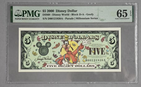 2000 $5 Disney Dollar Graded PMG 65 Gem Uncirculated