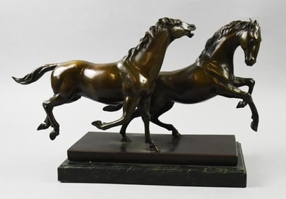 Galloping Horses Bronzed Sculpture on Marble Base