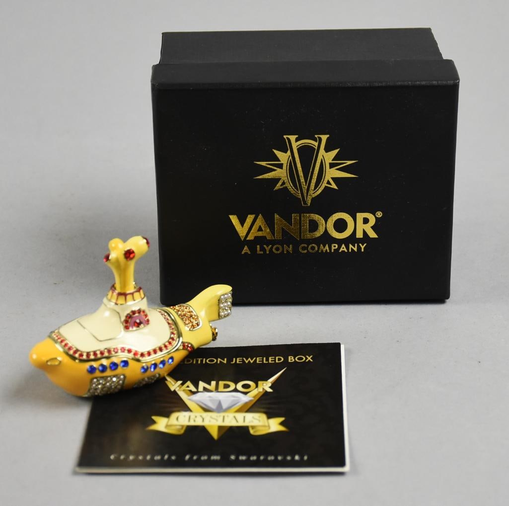 Ltd Ed Vandor/Swarovski Yellow Submarine Jewel Box-COA: Adorable jewelry box from Vandor is a limited edition. This Yellow Submarine is adorned with Swarovski crystals and comes in the original box with COA indicating this piece is 339 of only 700. Measure