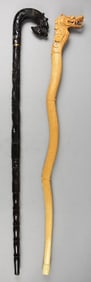 Vintage Ebony and Blond Wood Dragon Walking Sticks