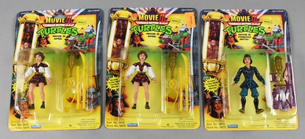 (3) 1992 Playmates TMNT Movie III Action Figs-MOC-NOS: Lot is three 1992 Playmates Teenage Mutant Ninja Turtles Movie III April and Princess Mitsu Action Figs-MOC-NOS. Single owner collection from the largest toy collector on the West Coast.