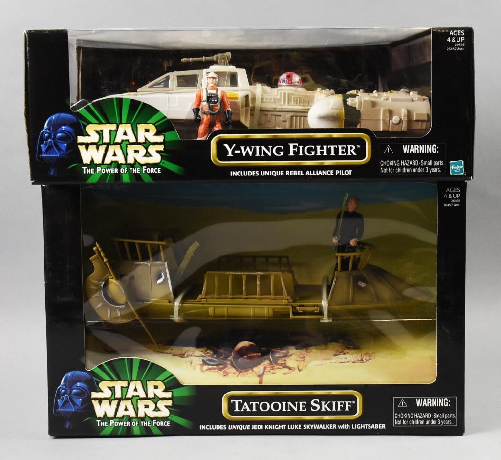 1999 Hasbro Star Wars Power of the Force-X-Wing/Tatooine-NOS: Lot is two 1999 Hasbro Star Wars Power of the Force, X-Wing Fighter and Tatooine Skiff-NOS. Mint in box. Single owner collection from the largest toy collector on the West Coast.