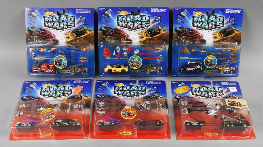 (6) 1994 Mattel Hot Wheels Road Wars-MIP-NOS: Lot is six 1994 Mattel Hot Wheels Road Wars-MIP-NOS. Includes The Impaler, Street Cleaver, King Wrex, Wastelander, The Extinguisher and Nitrod. Single owner collection from the largest toy collector o