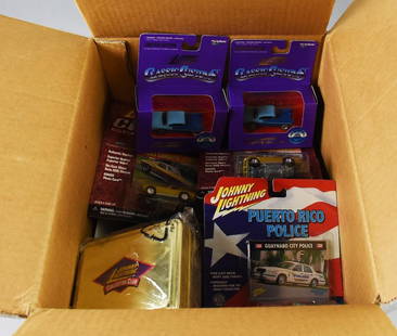 (49) Johnny Lightning Specials & Ltd Ed. Die Casts-MOC-NOS: Lot is 49 Johnny Lightning Specials & Ltd Ed. Die Casts-MOC-NOS. Includes Frightning Lightning Munsters Koach color variants and Dragula. Bumongus, Corvette Collection (white). JL Direct Santa Pez, Po